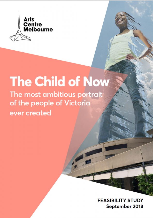 Front cover of Child of Now Feasibility Study showing a giant holographic person stood above a large public building