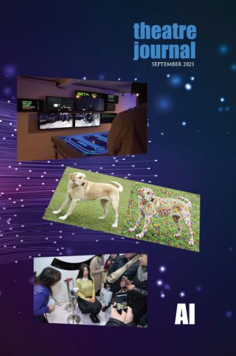 The cover of a journal showing three futuristic images floating on a purple background. Some screens, two photos of the same dog, a group stood around a robot
